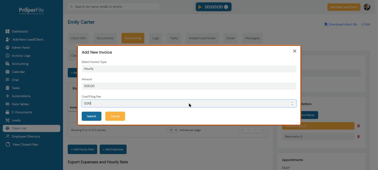 Add New Invoice window: invoice type, amount and cost or filing fee