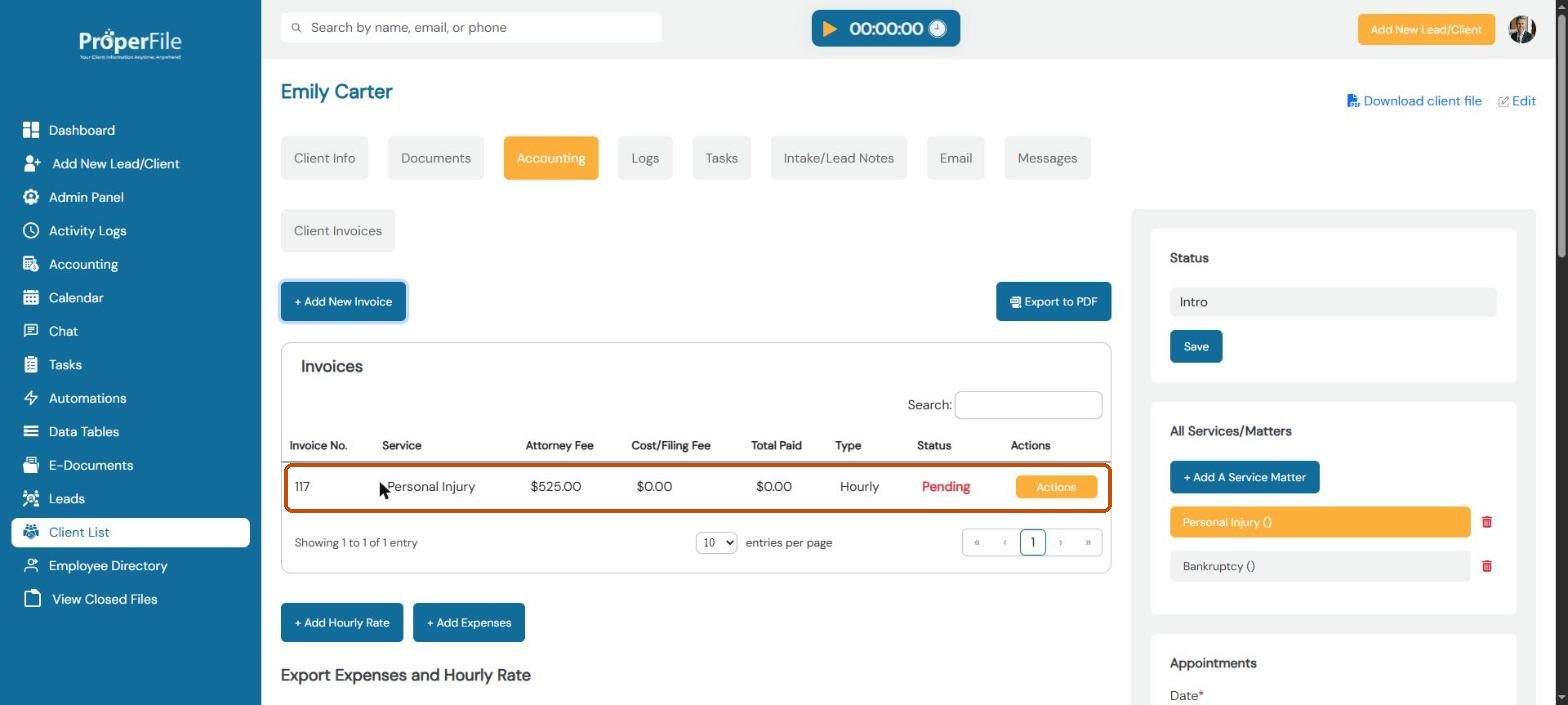 The new invoice in the Invoices list, marked Pending