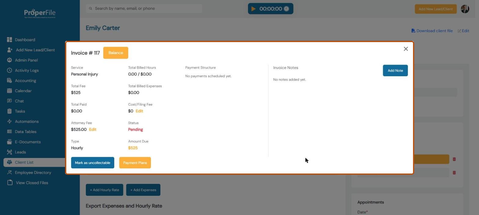 Invoice details: total fee, paid, amount due, status, notes and Payment Plans
