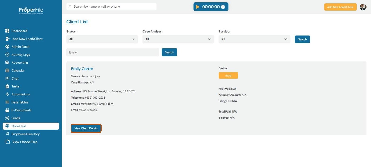 Client List search result with the View Client Details button highlighted