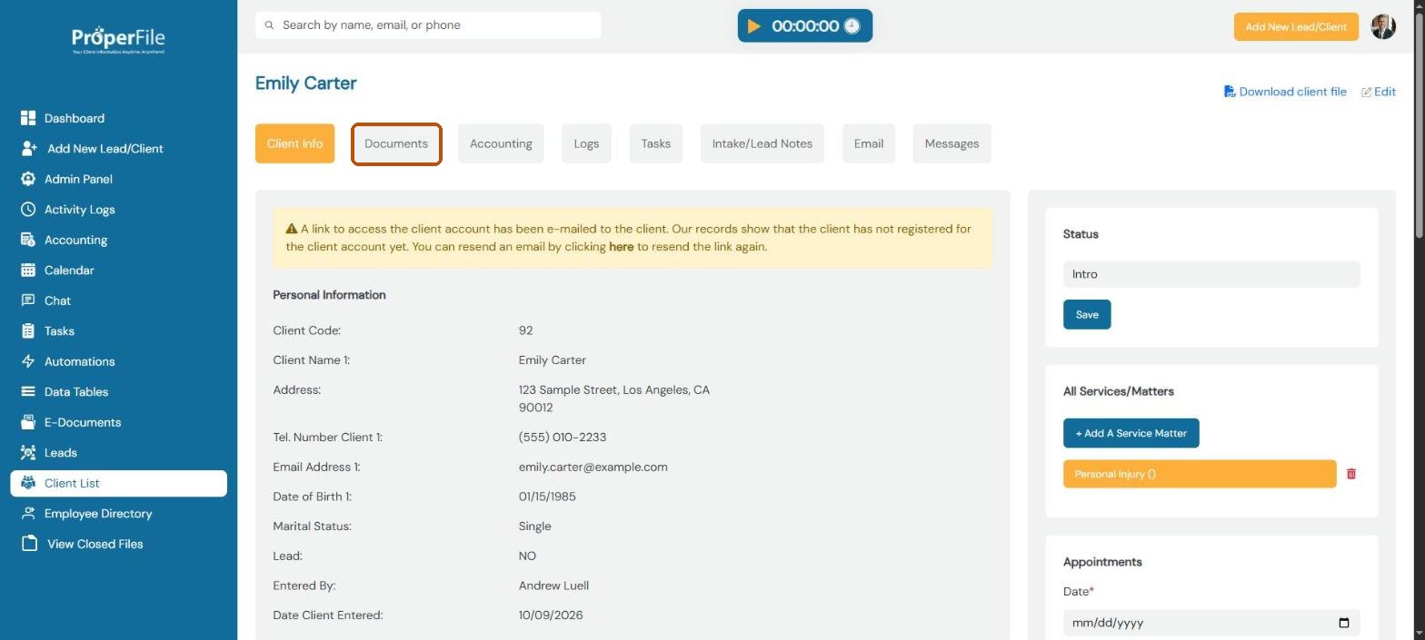 A client's page with the Documents tab highlighted