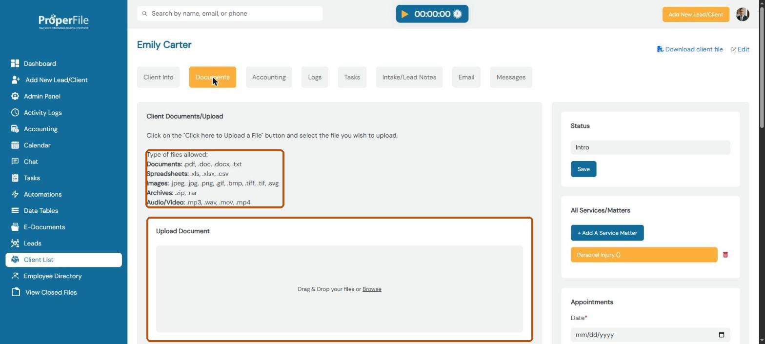 The Documents tab: allowed file types and the drag-and-drop upload area