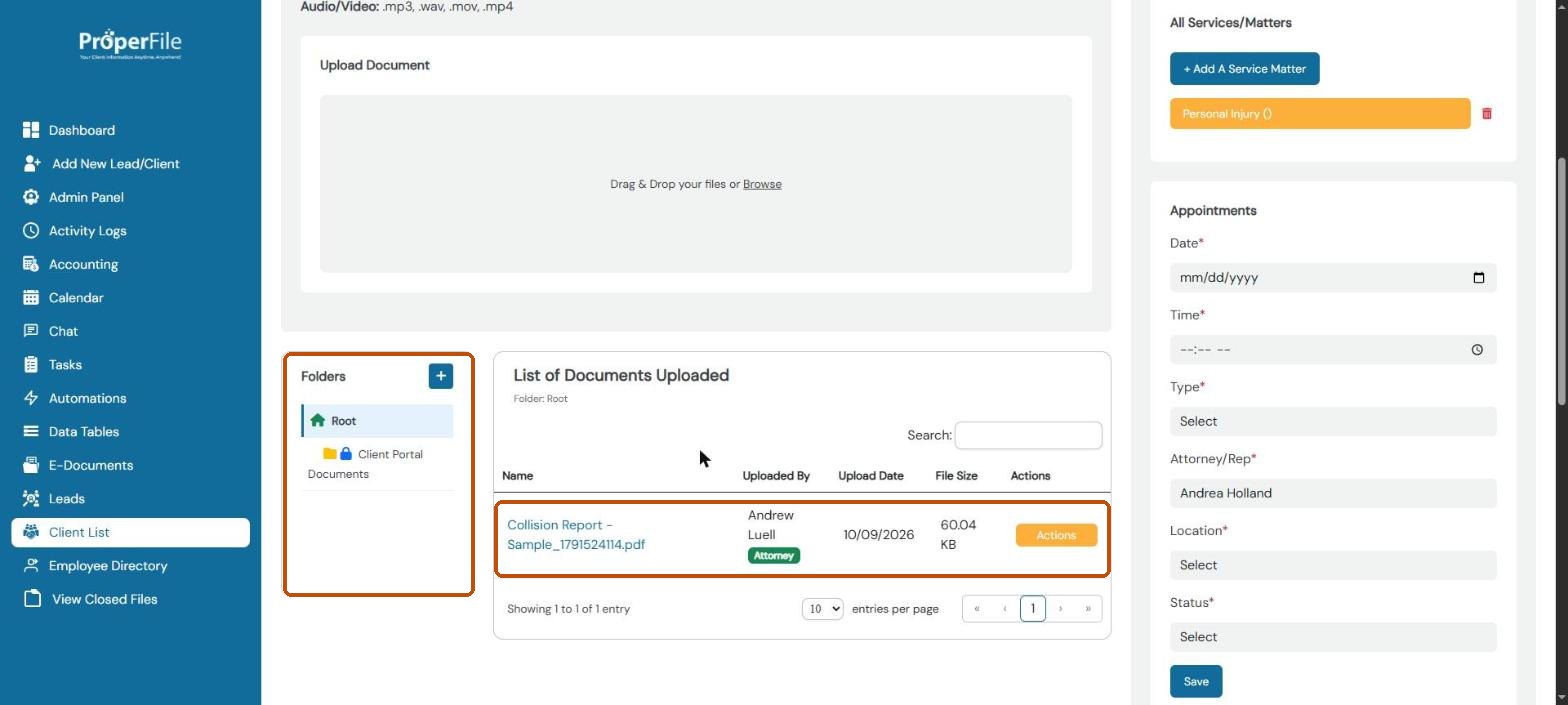The uploaded file in the List of Documents Uploaded, next to the Folders panel