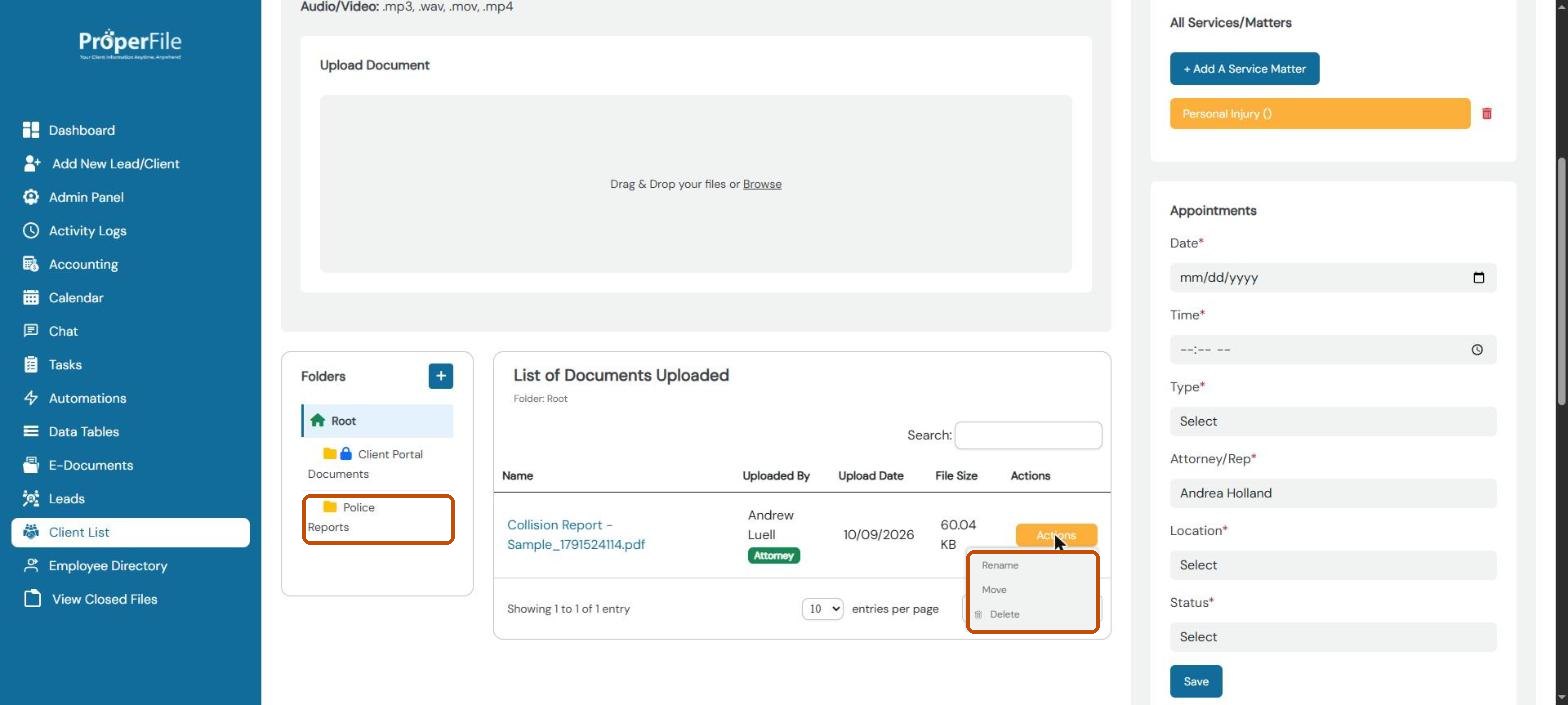 A document's Actions menu with Rename, Move and Delete, and the new Police Reports folder
