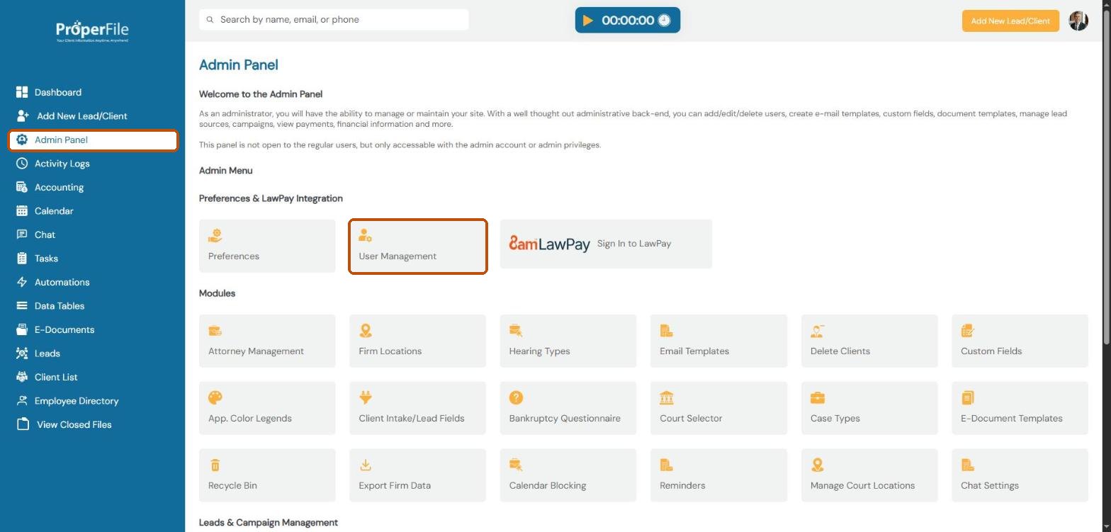 The Admin Panel with the User Management tile highlighted