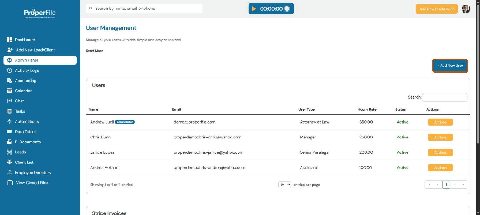 User Management page listing the firm's users, with the Add New User button highlighted