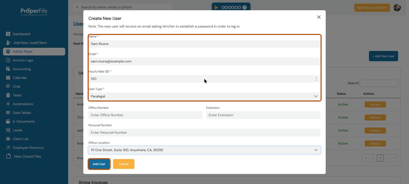 Create New User window filled in with a sample name, email, hourly rate, user type and office location