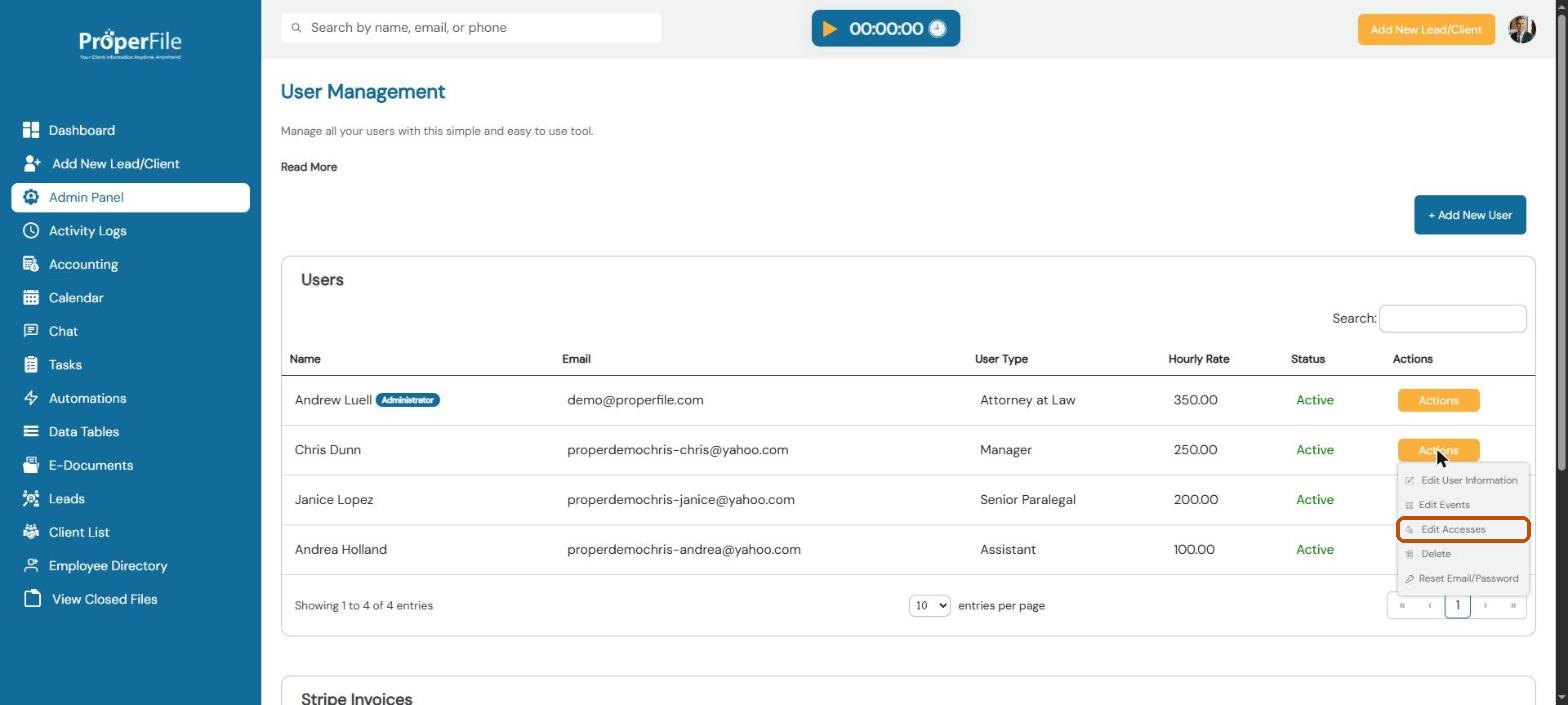 A user's Actions menu with Edit Accesses highlighted