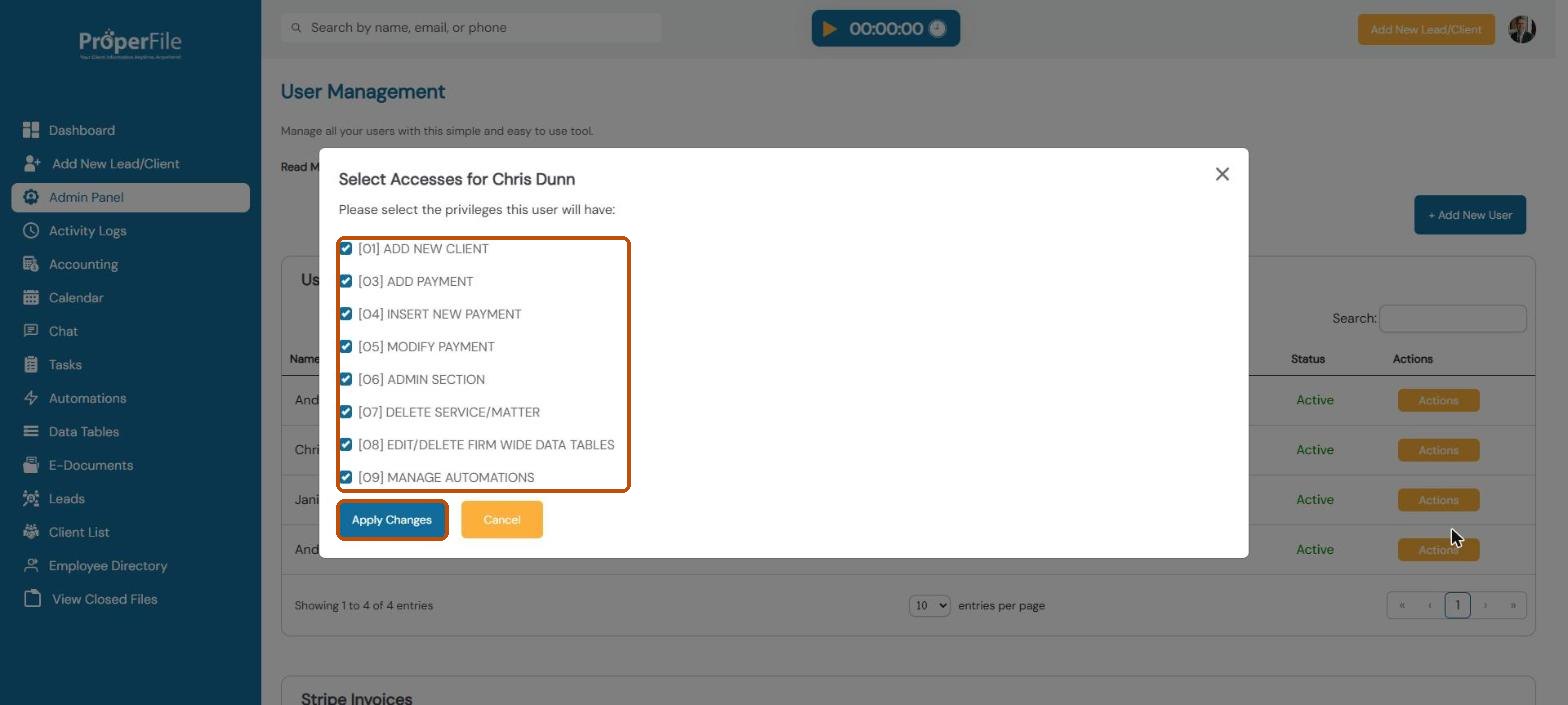 Select Accesses window with the permission checkboxes and the Apply Changes button