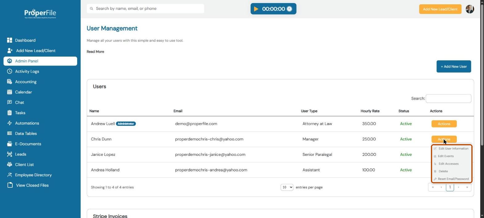 A user's Actions menu: Edit User Information, Edit Accesses, Delete and Reset Email/Password